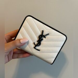 SAINT LAURENT Chevron Monogram Zip Around Compact Wallet So Black and White